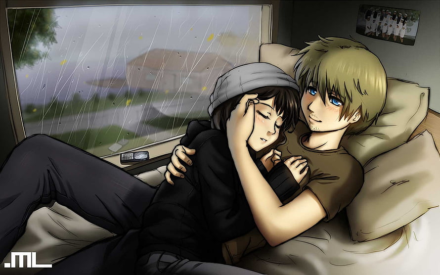 Anime Couple Cuddling on a Bed During a Rainy Day with Soft Lighting HD wallpaper