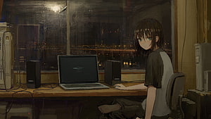 Anime Girl Working on Laptop at Night in a Dimly Lit Room HD wallpaper