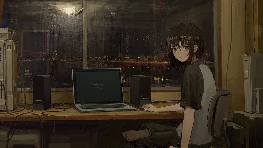 Anime Girl Working on Laptop at Night in a Dimly Lit Room HD wallpaper