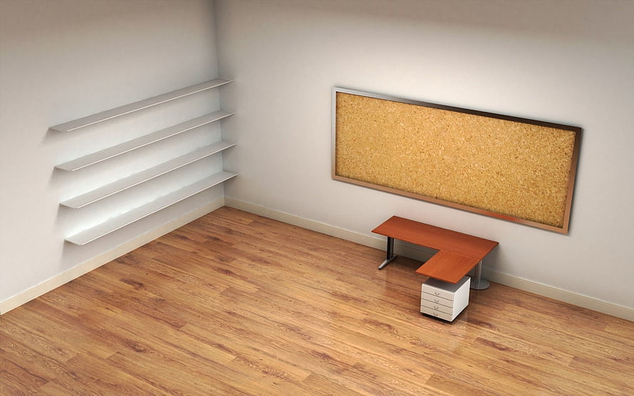 Minimalist Office Corner With Cork Board, Floating Shelves, and L-Shaped Desk HD wallpaper