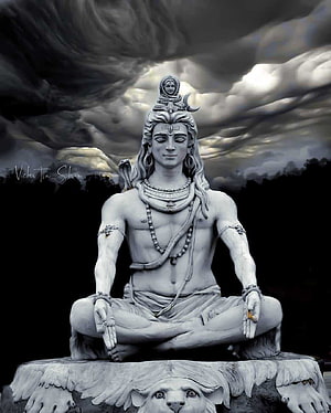 Meditating Lord Shiva Statue with Cobra and Lion Pedestal Under Dramatic Stormy Sky HD phone wallpaper