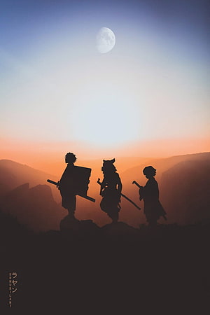 Demon Slayer Silhouettes Standing on a Cliff Under a Full Moon at Sunset HD phone wallpaper
