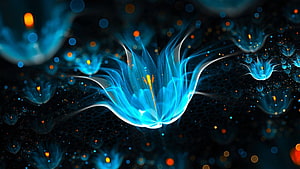 Luminous Blue Digital Flower with Glowing Petals and Bokeh Particles on Dark Background HD wallpaper