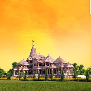 Shri Ram Janmabhoomi Mandir in Ayodhya with Golden Sky and Lush Green Gardens HD wallpaper