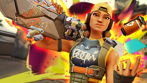 Raze Character Artwork from Valorant with Explosive Background and Custom Weapon HD wallpaper