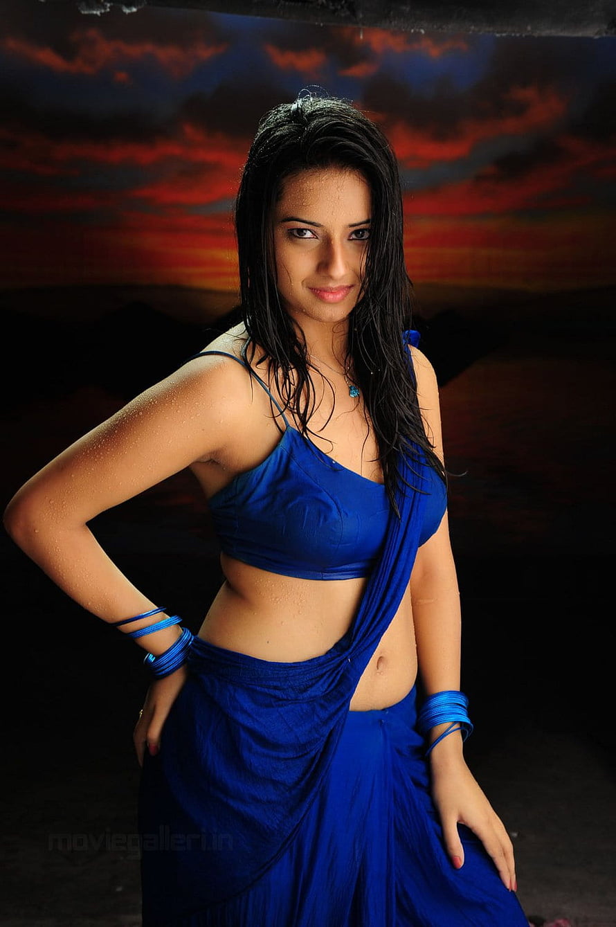 Isha Chawla in a blue sari with a dramatic sunset backdrop HD phone wallpaper