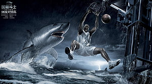 Shaquille O'Neal Dunks Over a Great White Shark in Dramatic Ocean Scene HD wallpaper