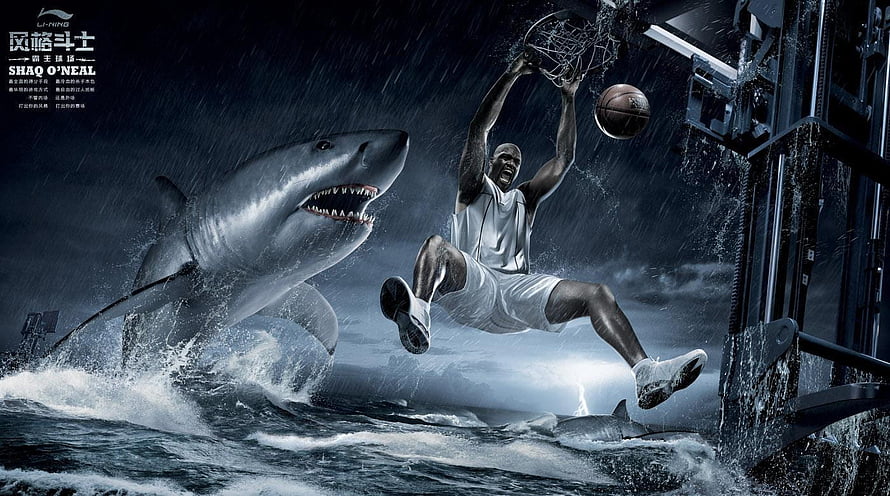 Shaquille O'Neal Dunks Over a Great White Shark in Dramatic Ocean Scene HD wallpaper