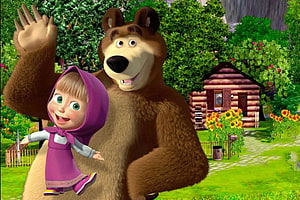 Masha and the Bear in a Sunny Garden with a Log Cabin and Sunflowers HD wallpaper