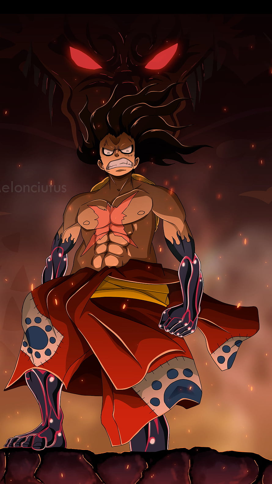 Monkey D. Luffy Gear Fourth Snakeman Form with Kaido Shadow in One Piece Anime Art HD phone wallpaper