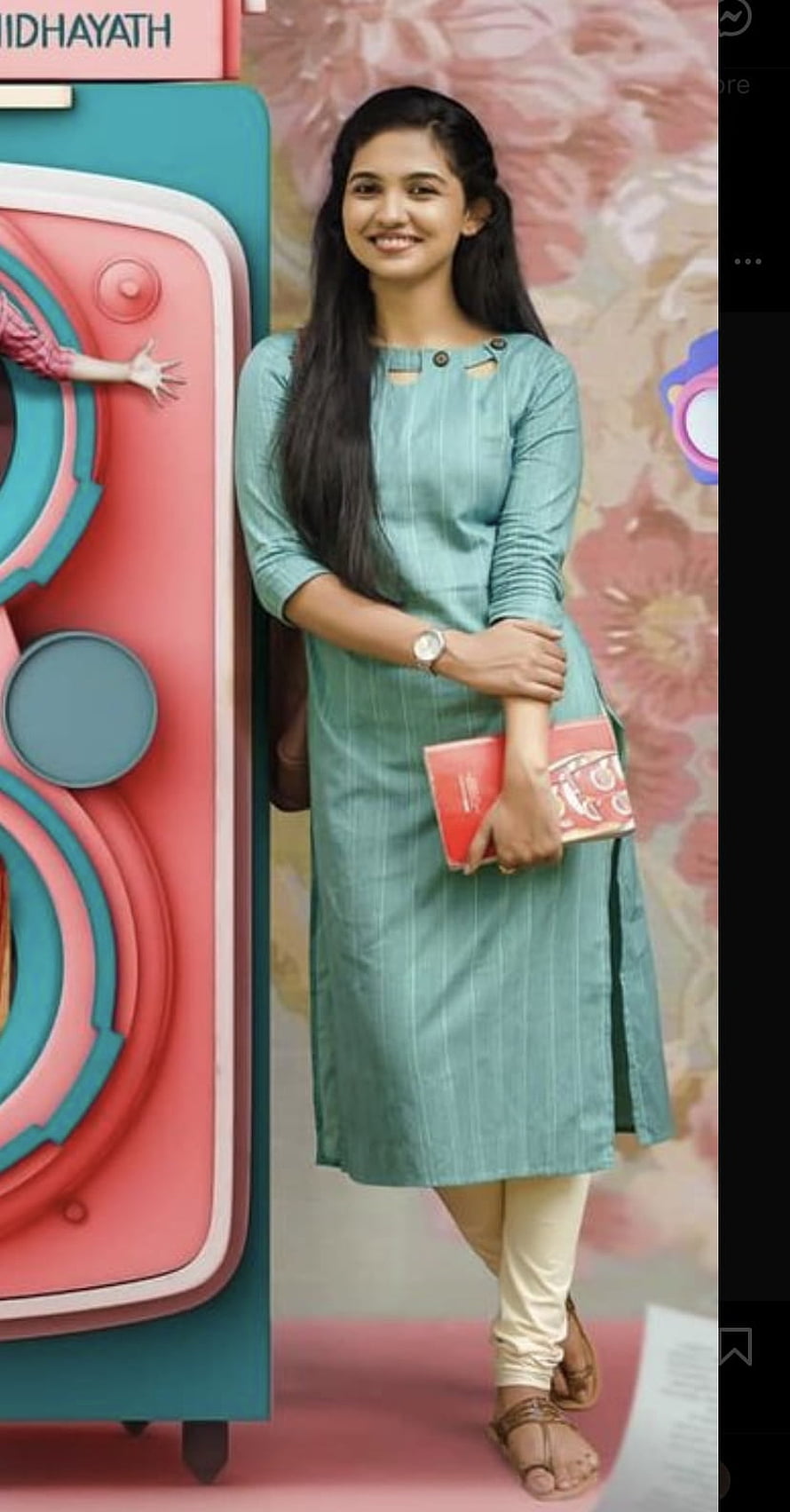 Mamitha Baiju in a teal kurta and cream leggings at a promotional event HD phone wallpaper