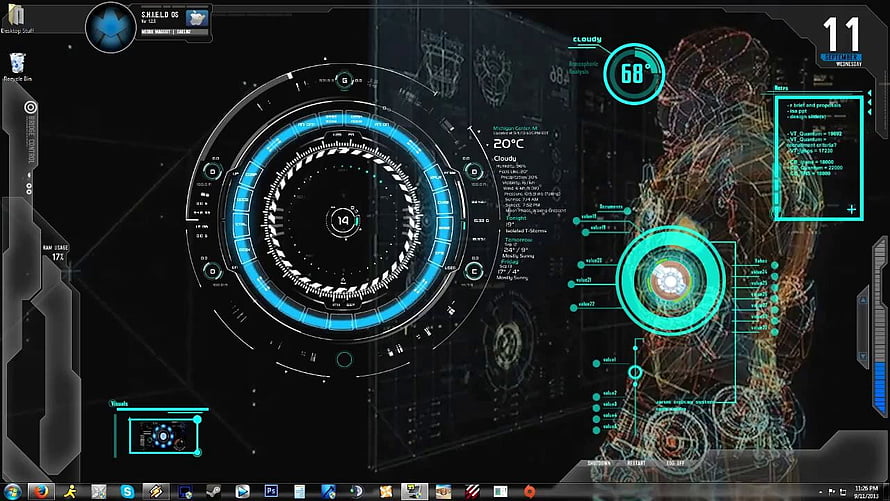 Iron Man J.A.R.V.I.S. Futuristic HUD Interface with Blue Circular Gauges and Data Overlays HD wallpaper
