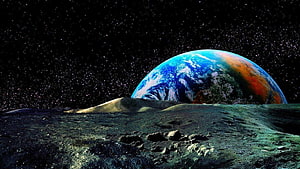 Earth Rising Over Lunar Horizon Against Starry Deep Space Background HD wallpaper