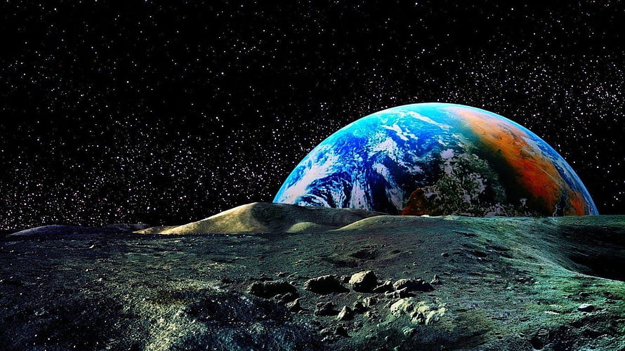 Earth Rising Over Lunar Horizon Against Starry Deep Space Background HD wallpaper
