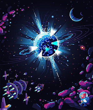 Kurzgesagt Space Illustration Featuring Wormhole, Asteroids, and Futuristic Spacecraft HD phone wallpaper