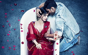 Sanam Teri Kasam Bollywood Romance Couple in Red Saree and Denim HD wallpaper