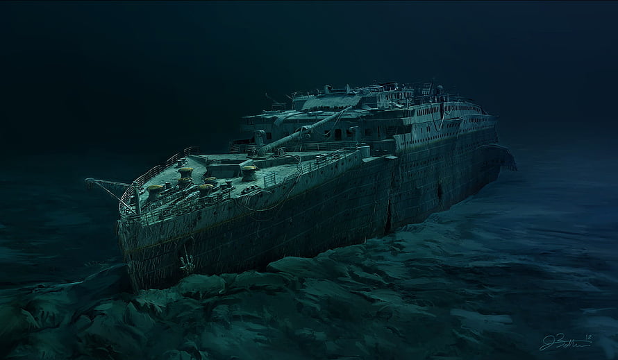 Titanic Shipwreck Resting on the Deep Ocean Floor in Dark Underwater Scene HD wallpaper
