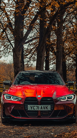 Red BMW M3 Competition Front View Parked Under Autumn Trees HD phone wallpaper
