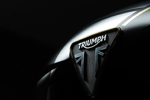 Triumph Motorcycle Emblem Close-Up on Glossy Black Tank with Dramatic Studio Lighting HD wallpaper
