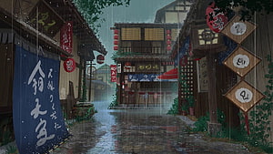 Atmospheric Anime Alleyway in the Rain with Traditional Japanese Architecture and Lanterns HD wallpaper