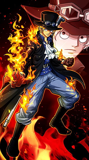 Sabo from One Piece in a dynamic anime pose engulfed in flames with a top hat and goggles HD phone wallpaper
