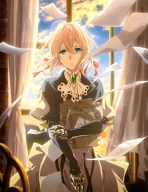 Violet Evergarden Anime Character Holding Books in Sunlit Room with Floating Papers HD phone wallpaper