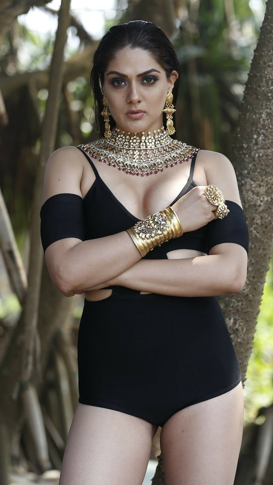 Sakshi Chaudhary in Black Bodysuit with Ornate Gold Jewelry HD phone wallpaper