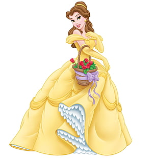 Belle from Beauty and the Beast in her iconic yellow ballgown holding a basket of red roses HD phone wallpaper
