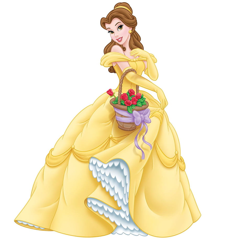 Belle from Beauty and the Beast in her iconic yellow ballgown holding a basket of red roses HD phone wallpaper