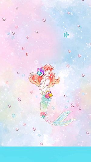 Ariel Disney Princess Mermaid Watercolor Illustration with Pastel Background and Pearls HD phone wallpaper