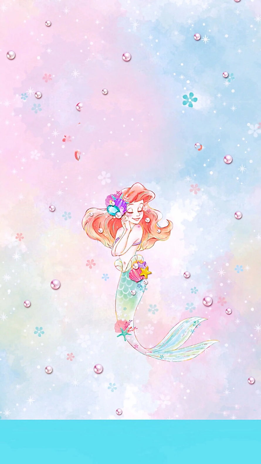 Ariel Disney Princess Mermaid Watercolor Illustration with Pastel Background and Pearls HD phone wallpaper