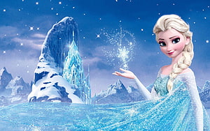 Elsa from Disney Frozen conjuring snowflakes before her ice palace in a starlit winter landscape HD wallpaper