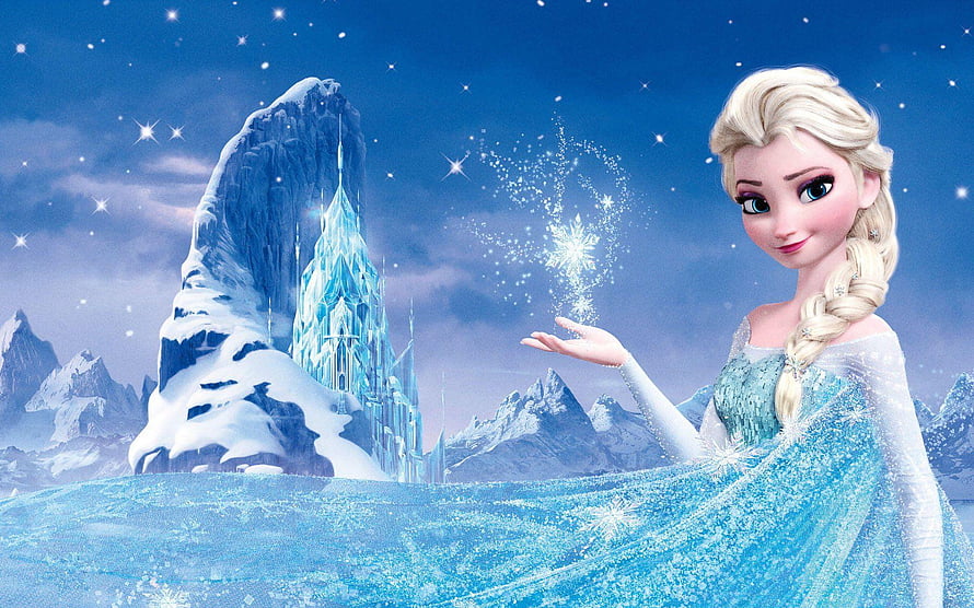 Elsa from Disney Frozen conjuring snowflakes before her ice palace in a starlit winter landscape HD wallpaper