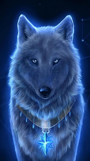 Mystical Alpha Wolf with Glowing Star Pendant and Ethereal Blue Aura HD phone wallpaper