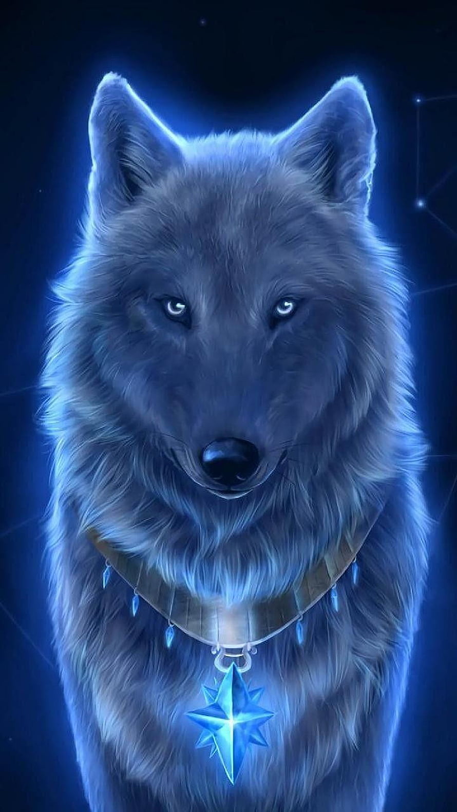 Mystical Alpha Wolf with Glowing Star Pendant and Ethereal Blue Aura HD phone wallpaper