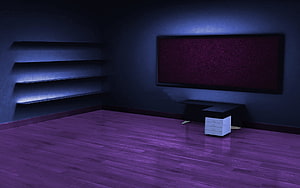Moody Empty Office Interior With Purple Wood Flooring And Wall-Mounted Display Screen HD wallpaper