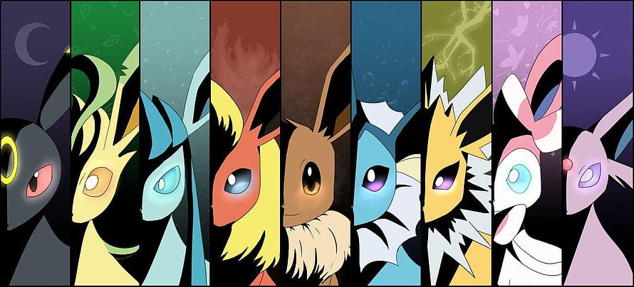 Eeveelutions Lineup: All Nine Eevee Evolutions in Colorful Vertical Panels HD wallpaper