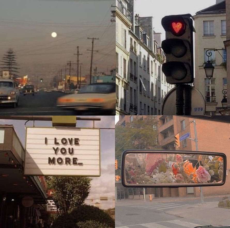 Romantic Urban Aesthetic Collage Featuring Vintage Cars, Heart Traffic Light, and Floral Rearview Mirror HD wallpaper