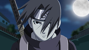 Itachi Uchiha anime character portrait under a full moon with sword and headband HD wallpaper