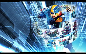 Mega Man EXE in dynamic action pose with holographic character carousel and digital grid background HD wallpaper