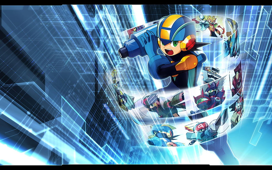 Mega Man EXE in dynamic action pose with holographic character carousel and digital grid background HD wallpaper
