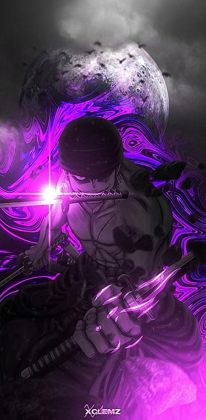 Roronoa Zoro Dark Fantasy Artwork with Purple Energy and Moon HD phone wallpaper