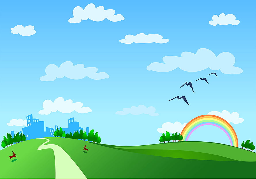 Colorful Cartoon Landscape with Rainbow, Rolling Hills, and City Skyline HD wallpaper