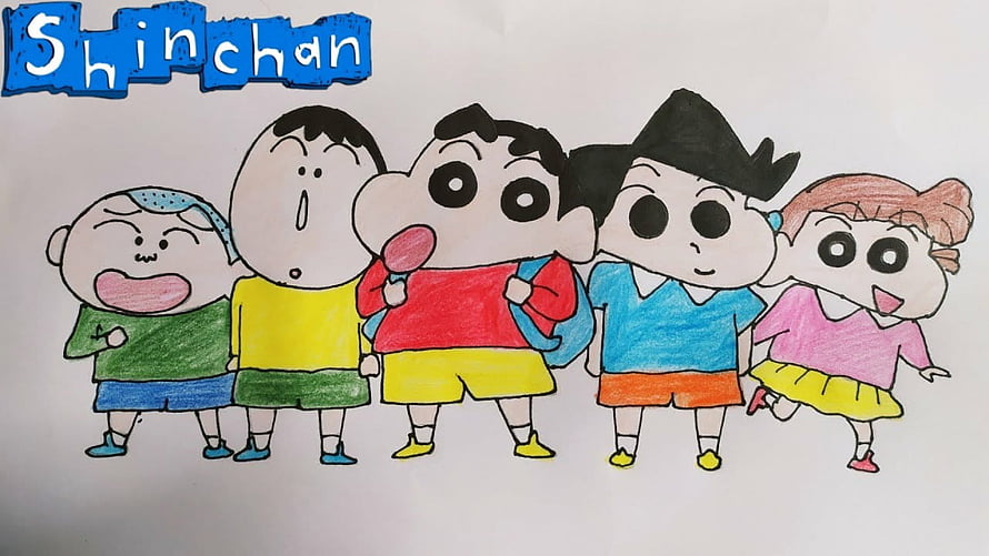 Hand-drawn Shinchan and his friends in colorful crayon illustration HD wallpaper