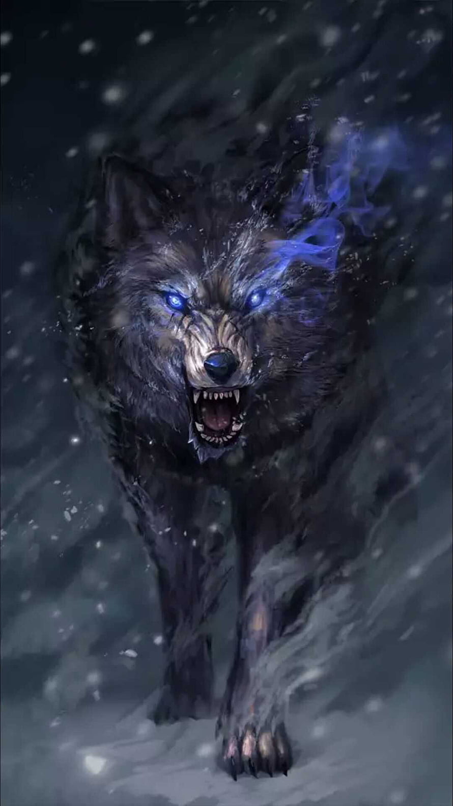 Fierce Dark Wolf with Glowing Blue Eyes in Snowy Night HD phone wallpaper