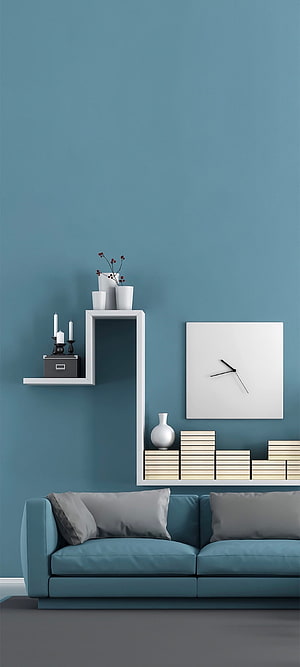 Modern Teal Living Room with Minimalist White Wall Shelves and Contemporary Sofa HD phone wallpaper