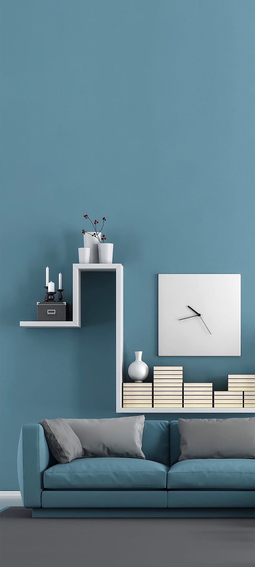 Modern Teal Living Room with Minimalist White Wall Shelves and Contemporary Sofa HD phone wallpaper