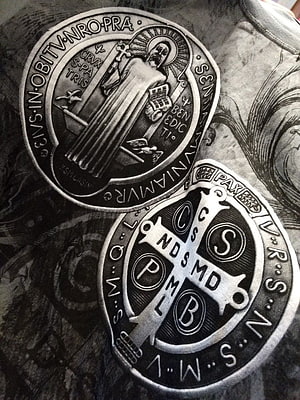Saint Benedict Medal Tattoo Design with Latin Inscriptions and Cross HD phone wallpaper