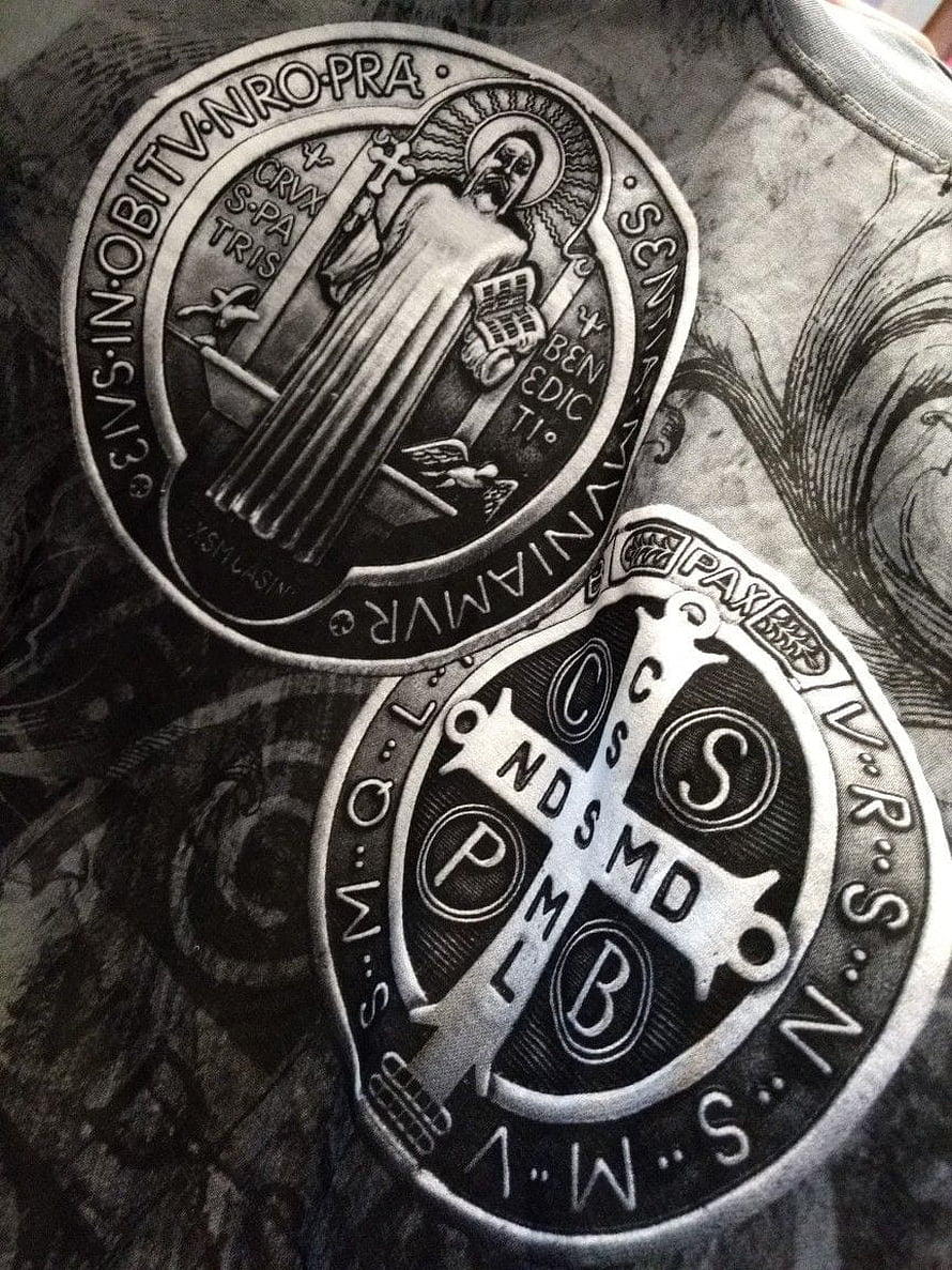 Saint Benedict Medal Tattoo Design with Latin Inscriptions and Cross HD phone wallpaper