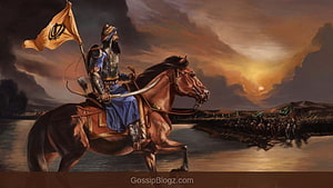 Baba Deep Singh on Horseback with Turban and Flag in Dramatic Historical Painting HD wallpaper